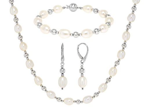 7mm White Cultured Freshwater Pearl Rhodium Over Sterling Silver Necklace, Bracelet, And Earring Set