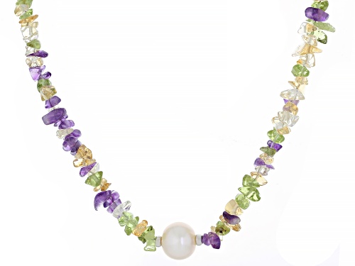 9.5mm Cultured Freshwater Pearl With Amethyst, Peridot & Citrine Rhodium Over Silver Necklace - Size 18