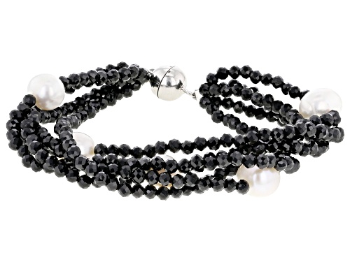 8-9mm White Cultured Freshwater Pearl and 89.30ctw Black Spinel Rhodium Over Silver Bracelet - Size 7