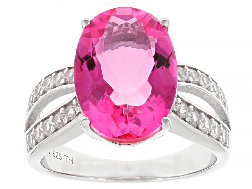 4.72ct Hot Pink Quartz with 0.53ctw White Zircon Rhodium Over Sterling Silver Ring - Size 9