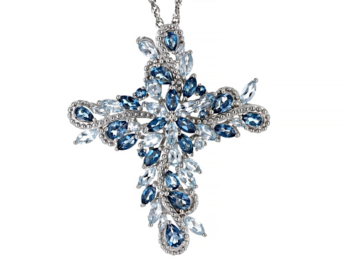 5.94ctw London Blue Topaz & 5.13ctw Glacier Topaz™ Rhodium Over Silver Cross Pendant/Chain
