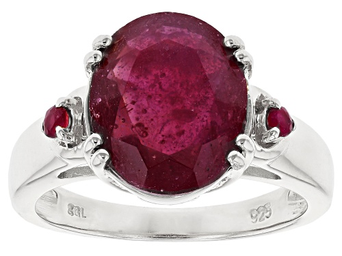 4.25ct Oval & .07ctw Round Mahaleo(R) Ruby Rhodium Over Sterling Silver Ring - Size 8