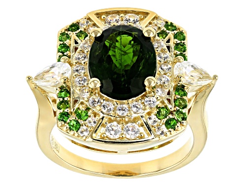 2.34ct Oval, .28ctw Round Chrome Diopside W/ 1.10ctw Zircon 18k Gold Over Silver Ring - Size 5