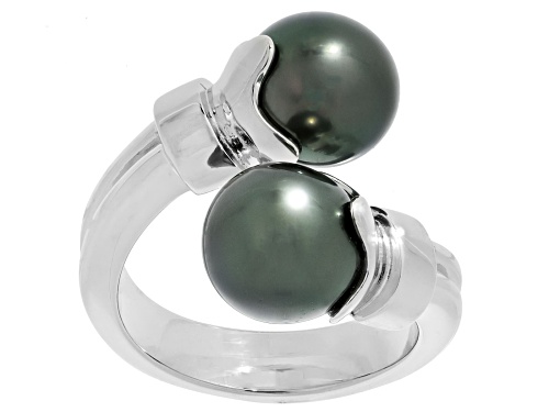 9.5-10mm Cultured Tahitian Pearl Rhodium Over Sterling Silver Bypass Ring - Size 12