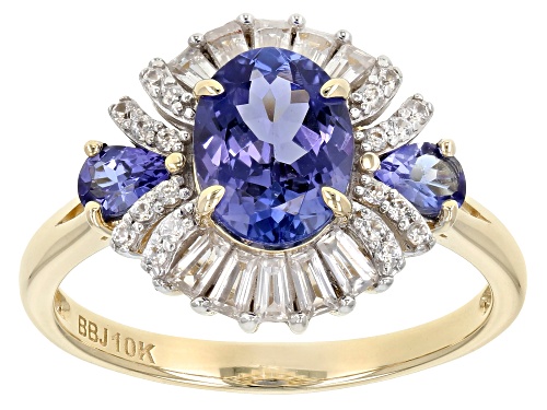 1.33ctw Oval & Pear Shape Tanzanite With .46ctw Tapered Baguette & Round White Zircon 10K Gold Ring - Size 8