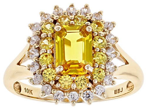 1.46ctw Emerald Cut & Round Yellow Sapphire With .36ctw Round White Zircon 10k Yellow Gold Ring - Size 8