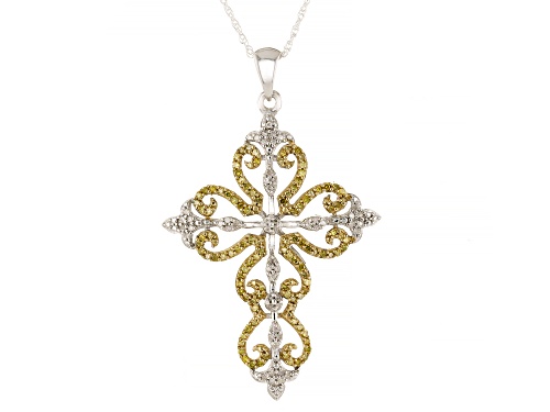 0.50ctw Round Yellow & White Diamond Rhodium Over Silver Cross Pendant With Rope Chain