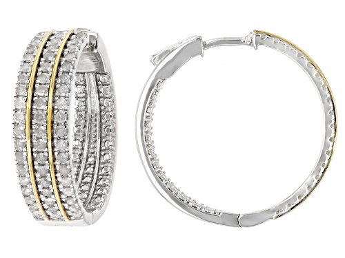 1.00ctw Round White Diamond Rhodium and 14k Yellow Gold Over Sterling Silver Hoop Earrings