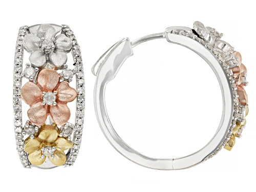 0.50ctw Round White Diamond Rhodium & 14K Yellow & Rose Gold Over Sterling Silver Flower Earrings
