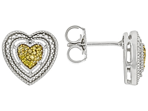 0.12ctw Round Yellow Diamond Rhodium Over Sterling Silver Heart Stud Earrings