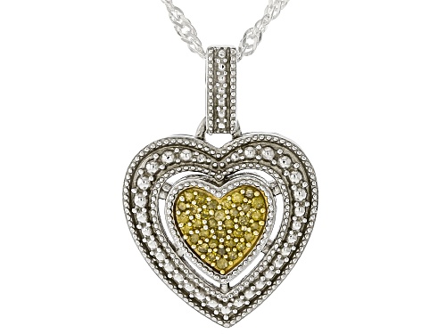 0.10ctw Round Yellow Diamond Rhodium Over Sterling Silver Heart Pendant With Singapore Chain