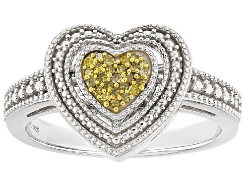 0.10ctw Round Yellow Diamond Rhodium Over Sterling Silver Heart Cluster Ring - Size 7