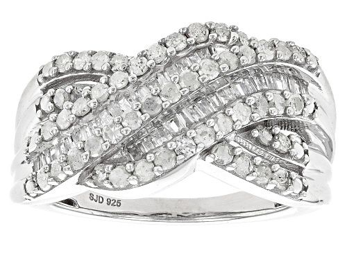 0.90ctw Round And Baguette White Diamond Rhodium Over Sterling Silver Crossover Ring - Size 8