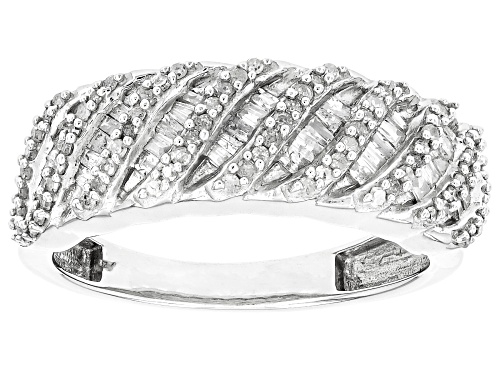 0.60ctw Round And Baguette White Diamond Rhodium Over Sterling Silver Band Ring - Size 5