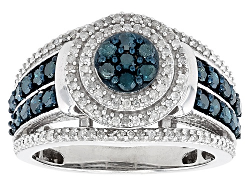 0.95ctw Round Blue Velvet Diamonds™ And White Diamond Rhodium Over Sterling Silver Cluster Ring - Size 8