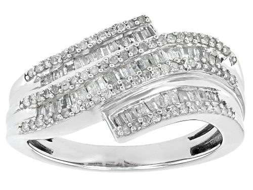 0.55ctw Baguette And Round White Diamond Rhodium Over Sterling Silver Bypass Ring - Size 7