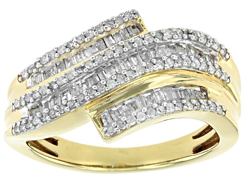 0.55ctw Baguette And Round White Diamond 14k Yellow Gold Over Sterling Silver Bypass Ring - Size 7