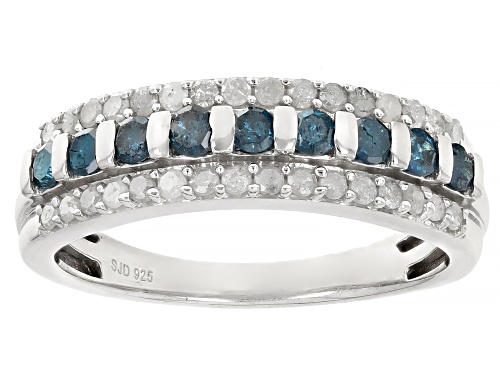0.80ctw Round Blue And White Diamond Rhodium Over Sterling Silver Band Ring - Size 9