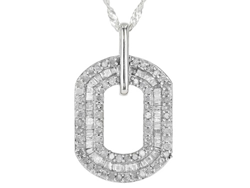 1.00ctw Round and Baguette White Diamond Rhodium Over Sterling Silver Pendant With Singapore Chain