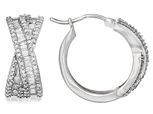 0.90ctw Round And Baguette White Diamond Rhodium Over Sterling Silver Hoop Earrings
