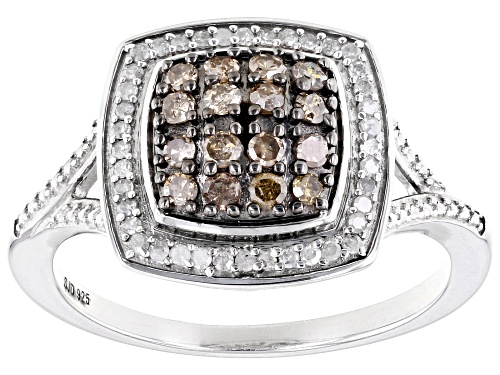 0.45ctw Round Champagne And White Diamond Rhodium Over Sterling Silver Cluster Ring - Size 7