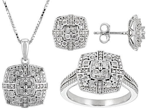 0.25ctw Round White Diamond Rhodium Over Sterling Silver Pendant, Earring And Ring Jewelry Set
