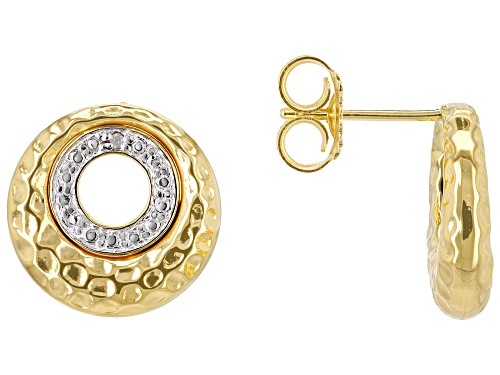Round White Diamond Accent 18k Yellow Gold Over Sterling Silver Hammered Metal Drop Earrings