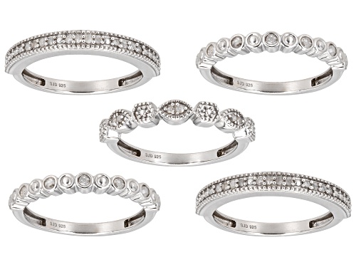 0.45ctw Round White Diamond Rhodium Over Sterling Silver Set of 5 Stackable Band Rings - Size 7
