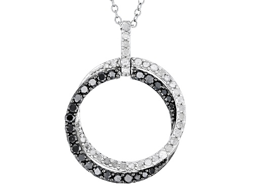 1.00ctw Round Black And White Diamond Rhodium Over Sterling Silver Pendant With 19" Cable Chain