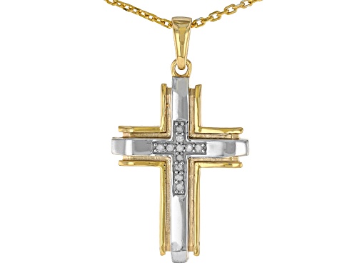 0.10ctw Round White Diamond Rhodium And 14k Yellow Gold Over Sterling Silver Mens Cross Pendant