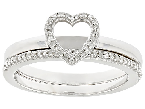 0.10ctw Round White Diamond Rhodium Over Sterling Silver Heart And Band Ring Set - Size 6