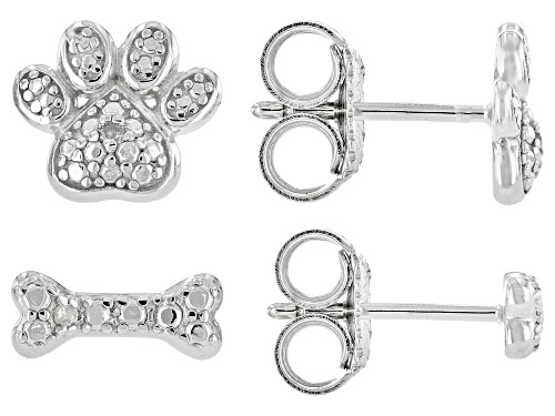 White Diamond Accent Rhodium Over Sterling Silver Set of Dog Bone and Paw Print Stud Earrings