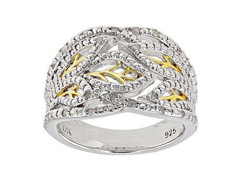 Photo of 0.20ctw Round White Diamond Rhodium & 14k Yellow Gold Over Sterling Silver Wide Band Leaf Ring - Size 6
