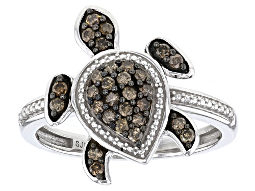 0.35ctw Round Champagne Diamond Platinum Over Sterling Silver Turtle Ring - Size 6