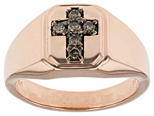 0.15ctw Round Champagne Diamond 18k Rose Gold Over Sterling Silver Mens Cross Ring - Size 10