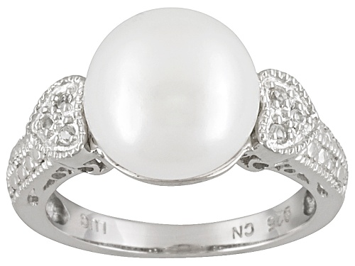 11-12mm Cultured Freshwater Grande Pearl And White Topaz Sterling Silver Heart Design Ring - Size 12