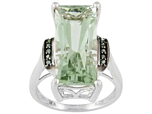 5.50ctw Radiant Cut Green Prasiolite With Round 0.05ctw Green Diamond Sterling Silver Ring - Size 8
