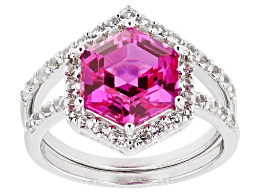 3.15ct Hexagon Lab Pink Sapphire With 0.74ctw Lab White Sapphire Rhodium Over Silver Ring Set - Size 9