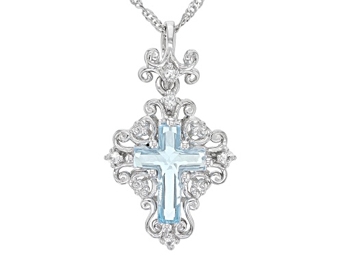 3.60ct Glacier Topaz™ With 0.11ctw White Topaz Rhodium Over Silver Cross Pendant With Chain