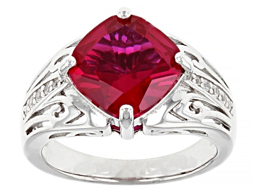 Photo of 4.00ct Cushion Lab Created Ruby With 0.11ctw White Zircon Rhodium Over Sterling Silver Ring - Size 9