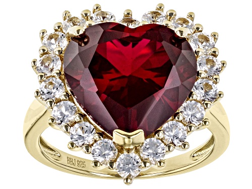 7.87ct Heart Lab Ruby And 0.26ctw Lab Sapphire 18k Yellow Gold Over Sterling Silver Heart Ring - Size 10