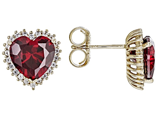 4.86ctw Heart Lab Ruby And 0.34ctw Lab Sapphire 18k Yellow Gold Over Silver Heart Stud Earrings