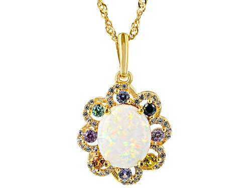 Photo of 12x10mm Lab Opal & 0.80ctw Lab Multi Multi  Sapphire 18k Yellow Gold Over Silver Pendant With Chain