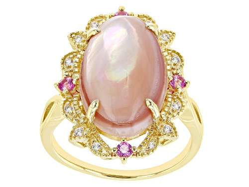 Photo of 16x10mm Pink Mother-Of-Pearl, 0.24ctw Lab Sapphire & Zircon 18k Yellow Gold Over Silver Ring - Size 7
