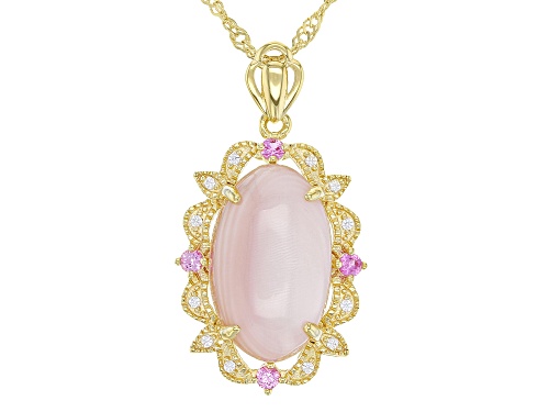 16x10mm Pink Mother-Of-Pearl, 0.24ctw Lab Sapphire & White Zircon 18k Gold Over Silver Pendant Chain