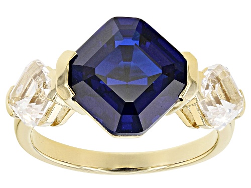 Photo of 4.67ct Lab Blue Spinel And 1.36ctw Lab White Sapphire 18k Yellow Gold Over Silver 3-Stone Ring - Size 9