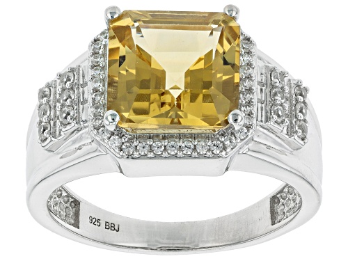 Photo of 4.04ct Square Octagonal Citrine With 0.46ctw White Zircon Rhodium Over Sterling Silver Men's Ring - Size 11