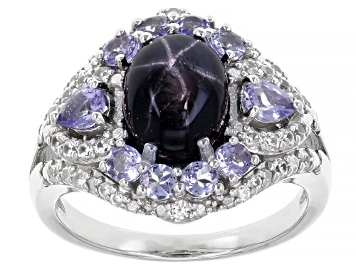 9x7mm Oval Star Sapphire With 0.80ctw Tanzanite And 0.36ctw White Zircon Rhodium Over Silver Ring - Size 7