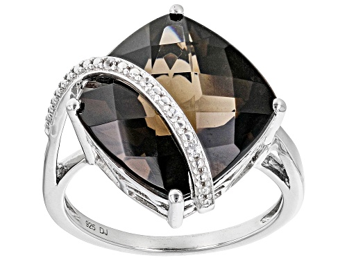 9.00ct Square Cushion Smoky Quartz With 0.02ctw Round White Zircon Rhodium Over Sterling Silver Ring - Size 7