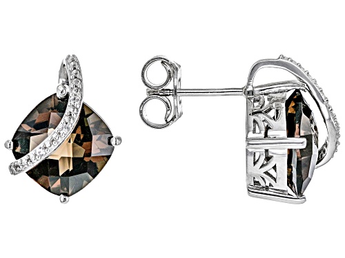 Photo of 6.80ctw Square Cushion Smoky Quartz With 0.04ctw White Zircon Rhodium Over Sterling Silver Earrings